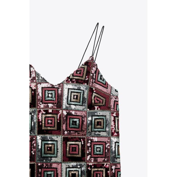 ZARA NYE SEQUIN BOHO SQUARE PATHWORK MINI DRESS - Picture 4 of 16